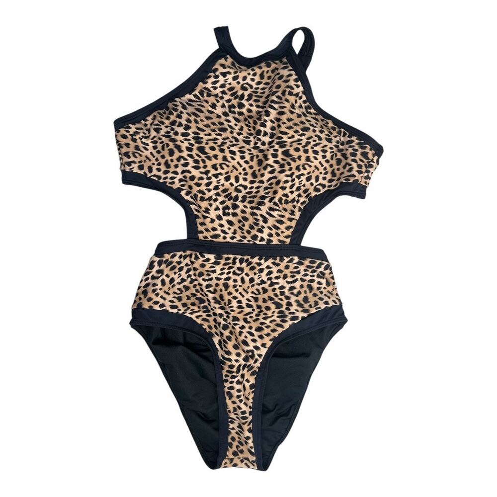 Beach Joy one piece halter high neck open back lace up leopard bodysuit Medium - Picture 6 of 6